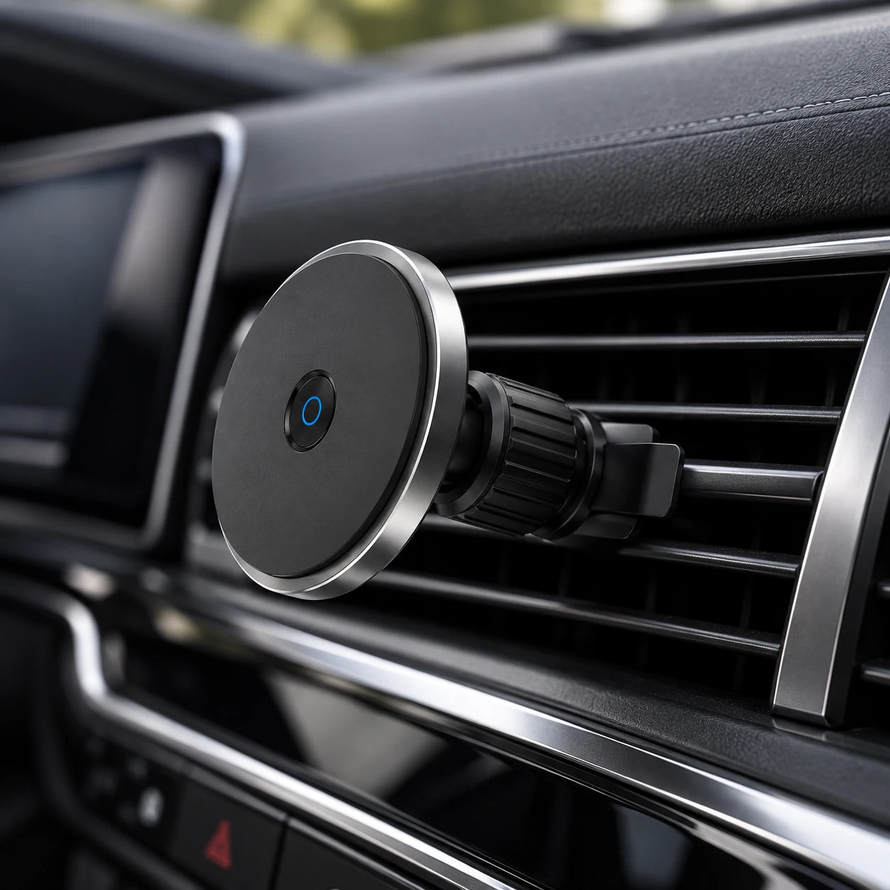 Close view of the charger collar and vent attachment on dashboard slats.
