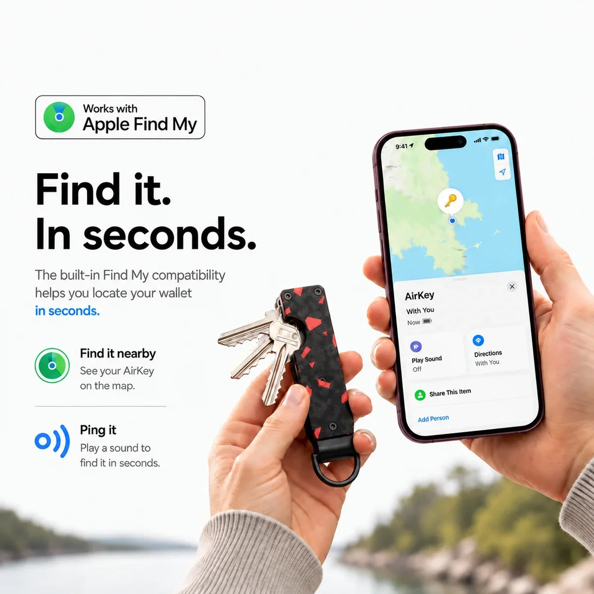 Carbon Red tracking key organizer being located using Find My on a Burgundy iPhone. #color_Carbon Red