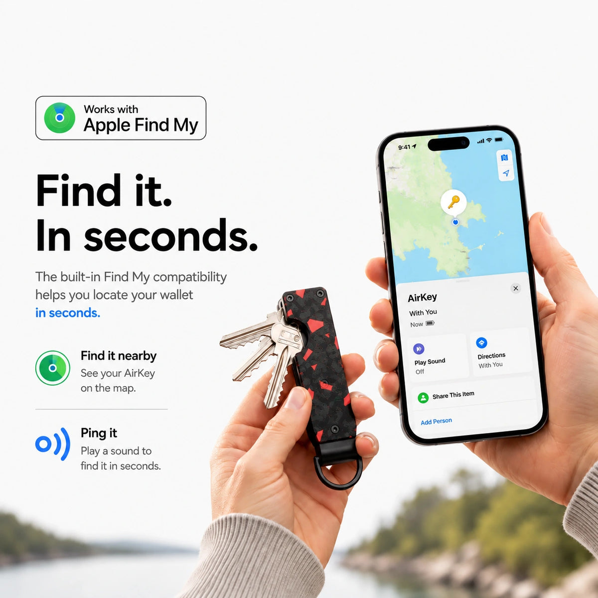 Carbon Red compact tracking key organizer being located with a phone #color_Carbon Red
