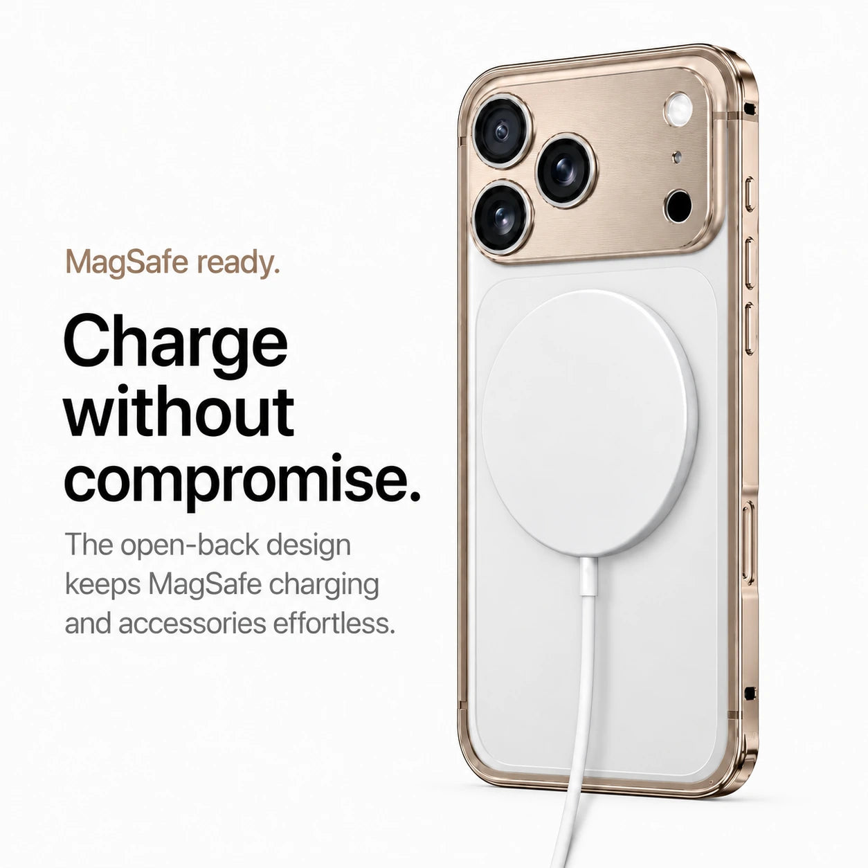Champagne gold aluminum frame phone case with a white wireless charging puck #color_Champagne Gold