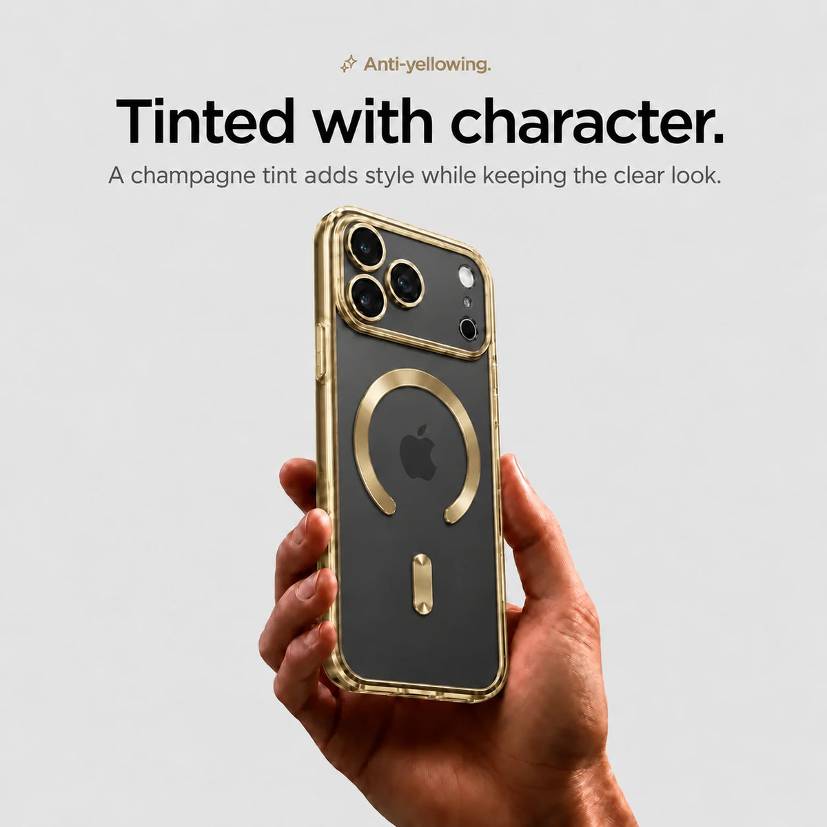 Champagne gold tinted magnetic phone case held upright in one hand #color_Champagne