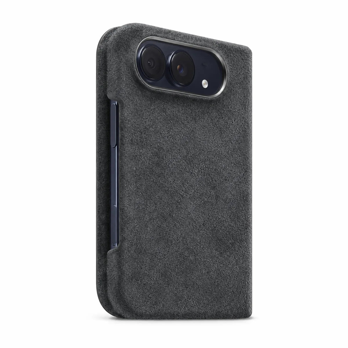 Charcoal Gray Alcantara folio case for iPhone Duo, angled rear view with a horizontal dual-camera opening #color_Charcoal Gray