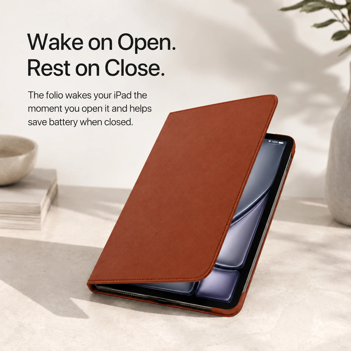 Chestnut Brown rotating tablet folio case with a magnetic wake and sleep cover #color_Chestnut Brown