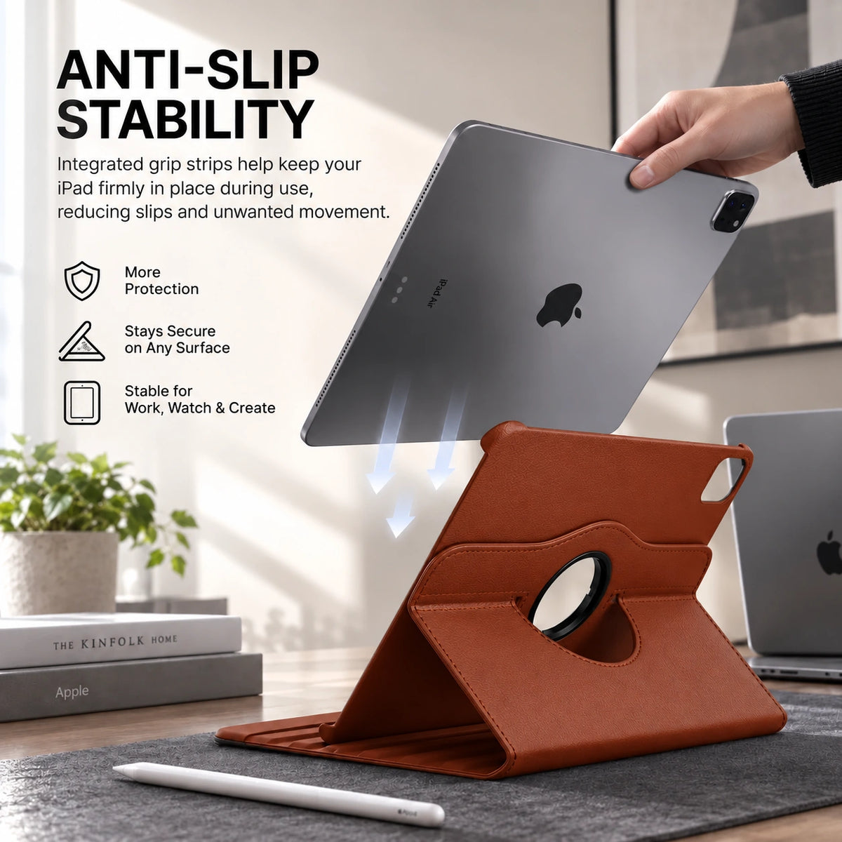 Chestnut Brown rotating tablet folio case with an anti slip tablet holder #color_Chestnut Brown