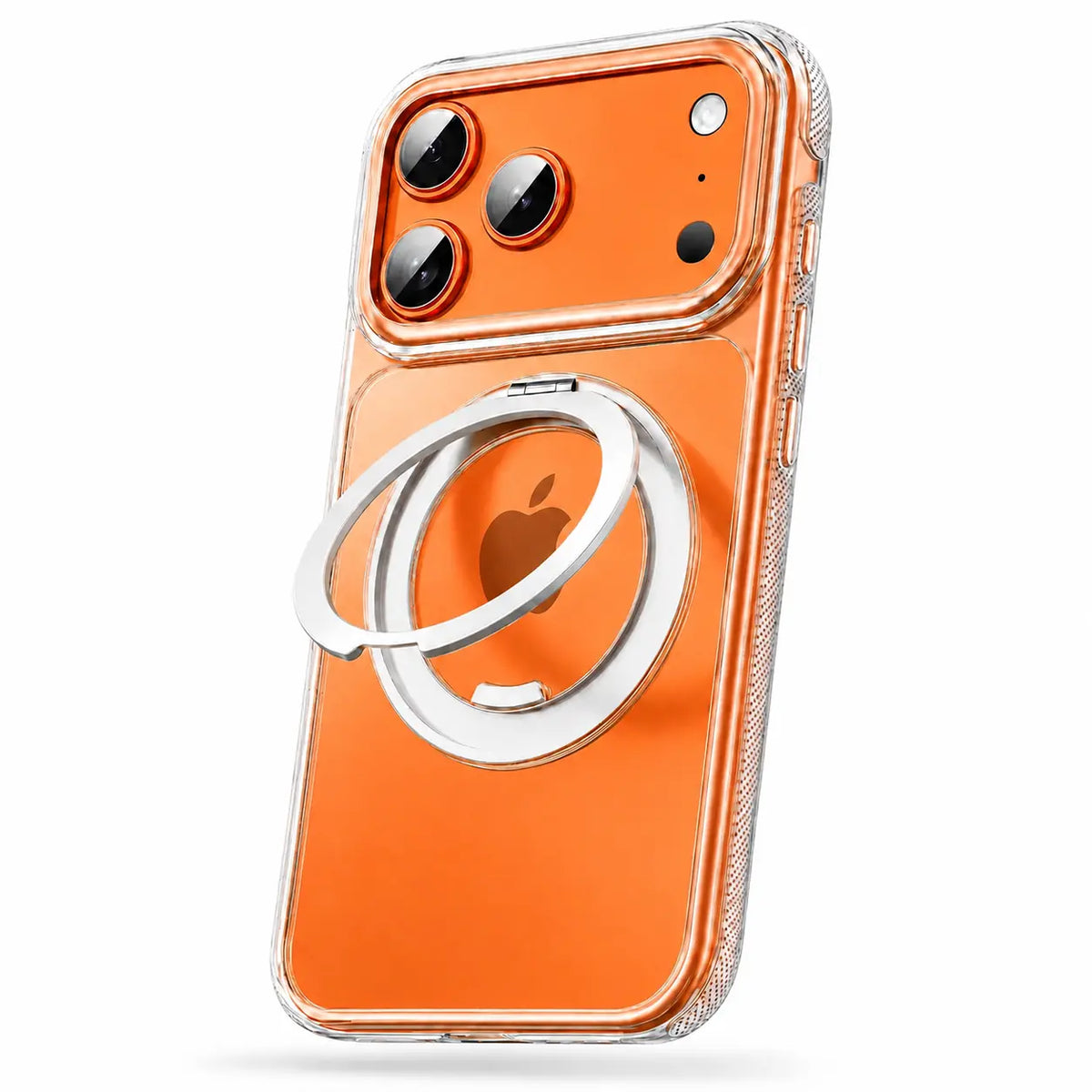 Clear magnetic phone case with an open adjustable metal ring stand, shown from the rear #color_Transparent