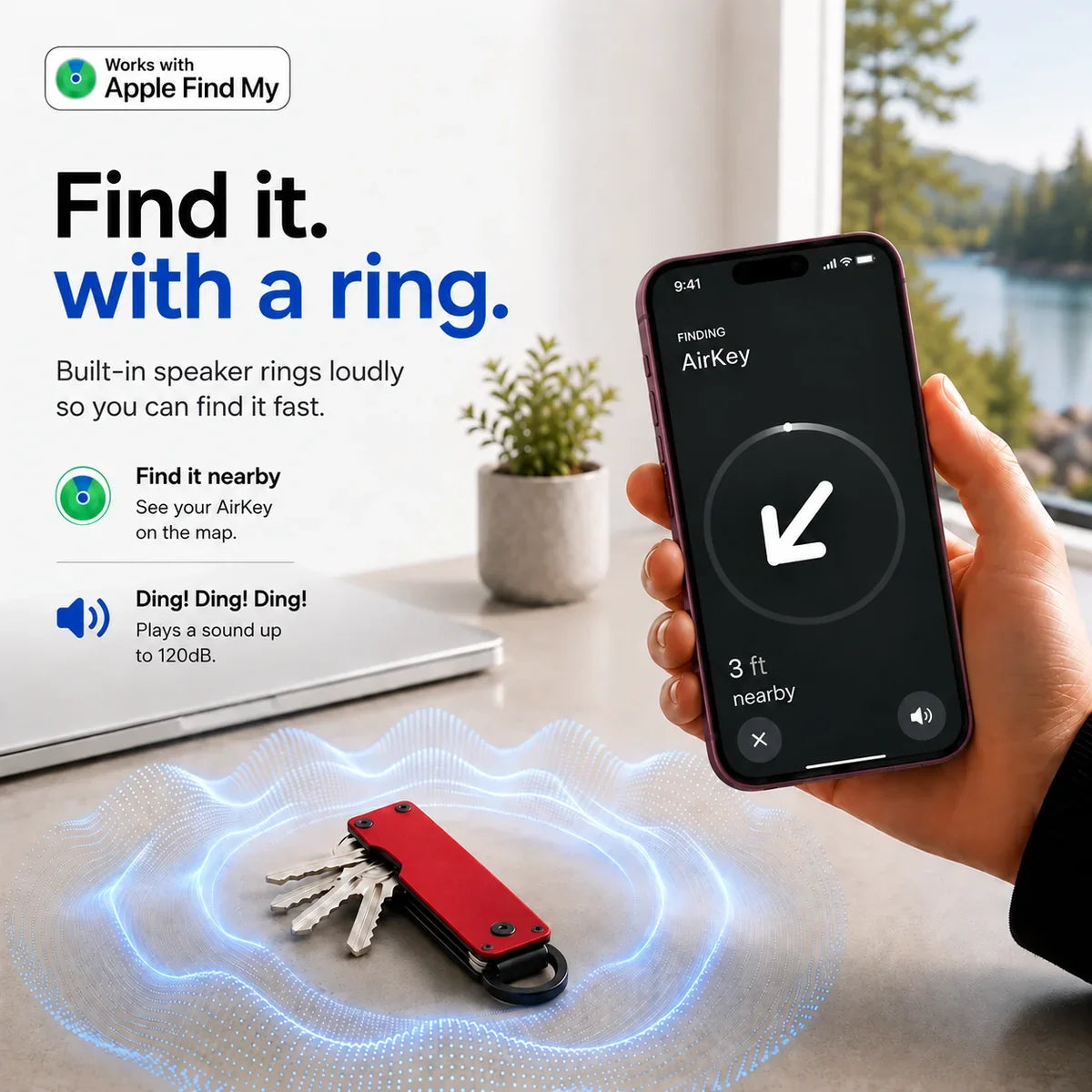 Crimson Red tracking key organizer with a sound illustration and Burgundy iPhone showing the nearby finding screen. #color_Crimson Red