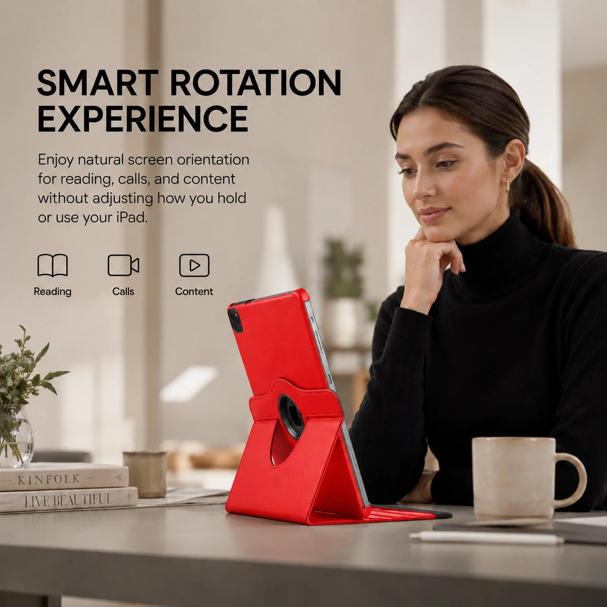 Crimson Red rotating tablet folio case rotated for portrait viewing #color_Crimson Red