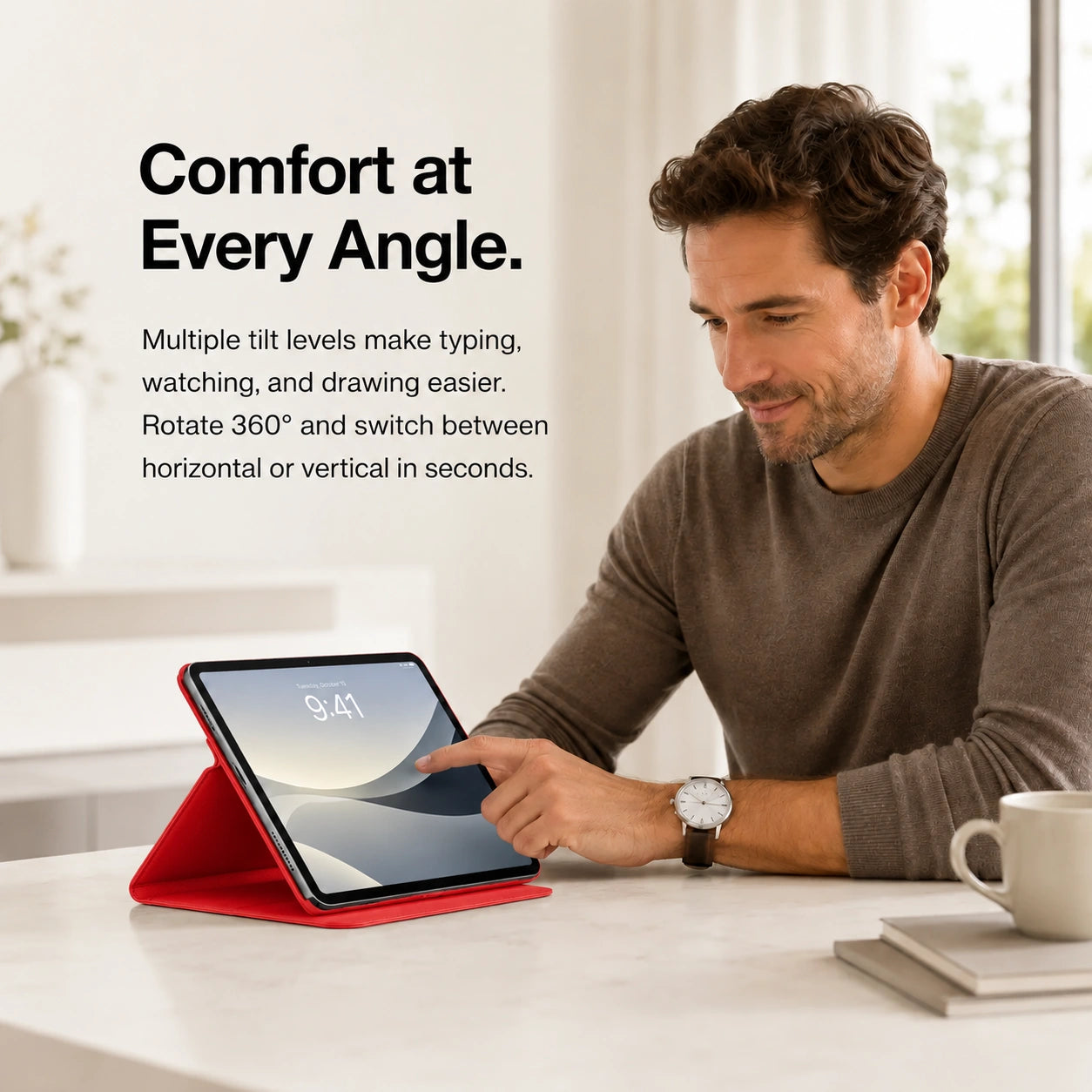 Crimson Red rotating tablet folio case used for hands free viewing #color_Crimson Red