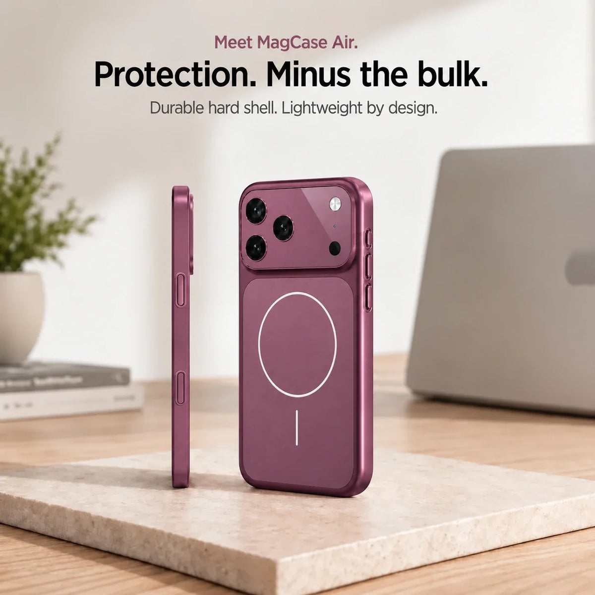 Burgundy lightweight hard shell phone case in rear and side views on a stone desk slab #color_Burgundy