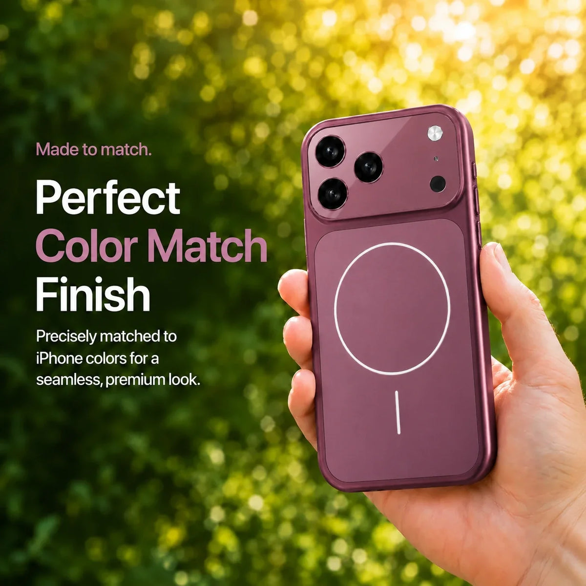 Burgundy matte magnetic phone case held outdoors against sunlit green foliage #color_Burgundy