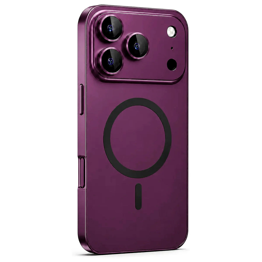 Burgundy metal magnetic phone case with a wide camera surround, shown from the rear on white