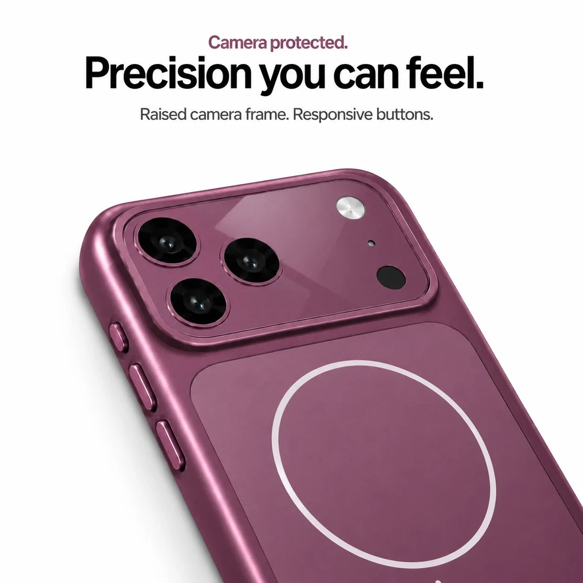Burgundy protective phone case close-up showing the raised camera frame and side buttons #color_Burgundy