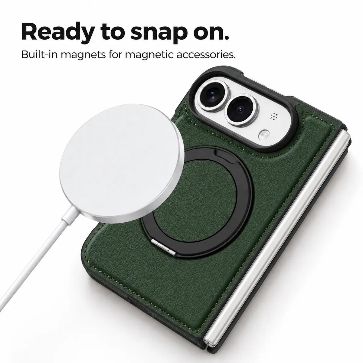 Textured synthetic leather phone case with a magnetic accessory beside the built-in ring. #color_Forest Green