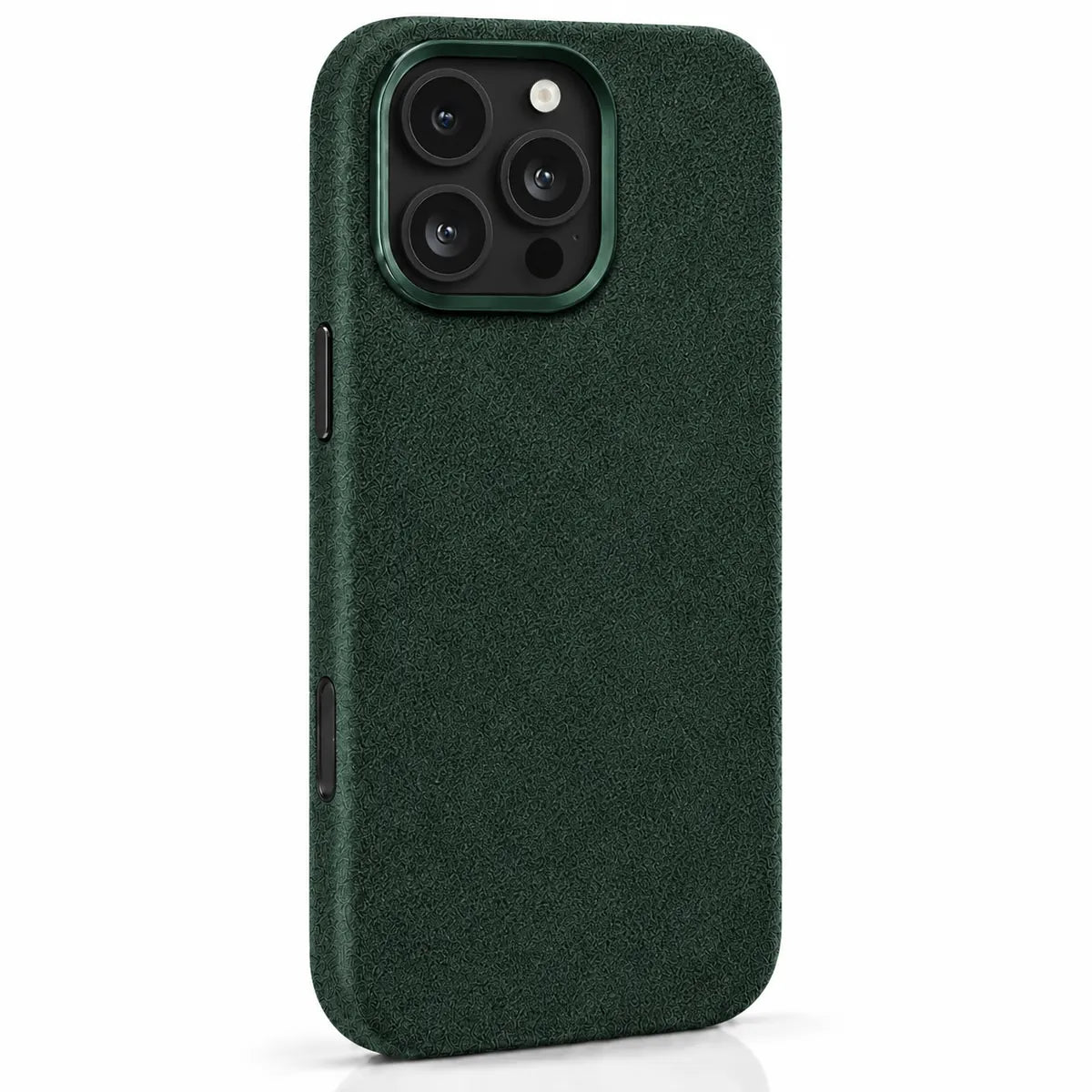 Dark green fabric phone case with a compact square camera opening and green rim. #color_Forest Green