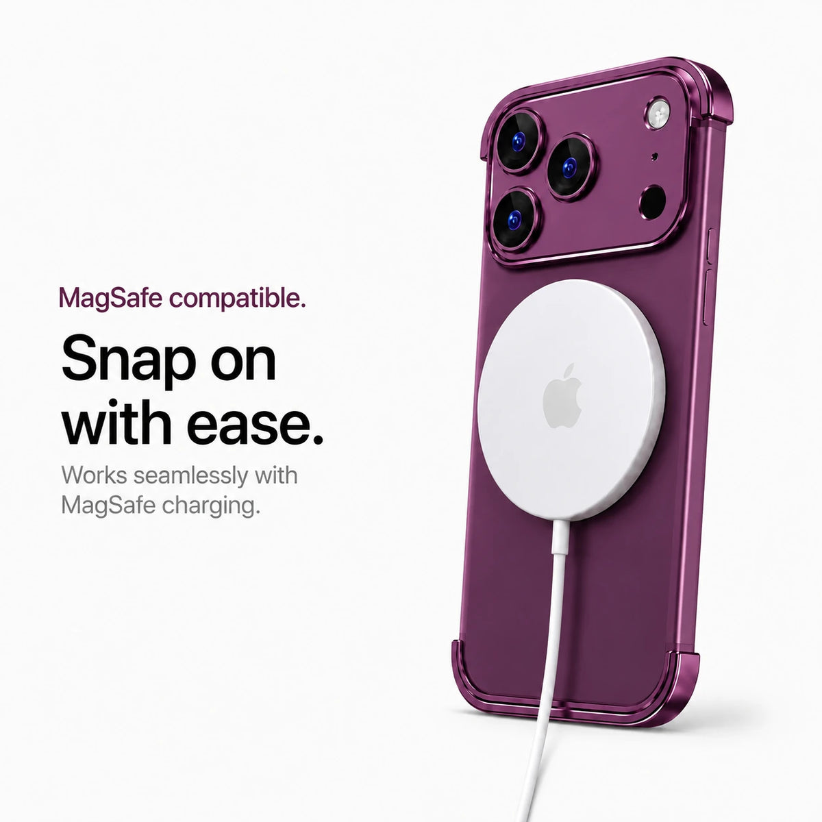 Burgundy minimal metal phone case connected to a white wireless charging puck #color_Burgundy