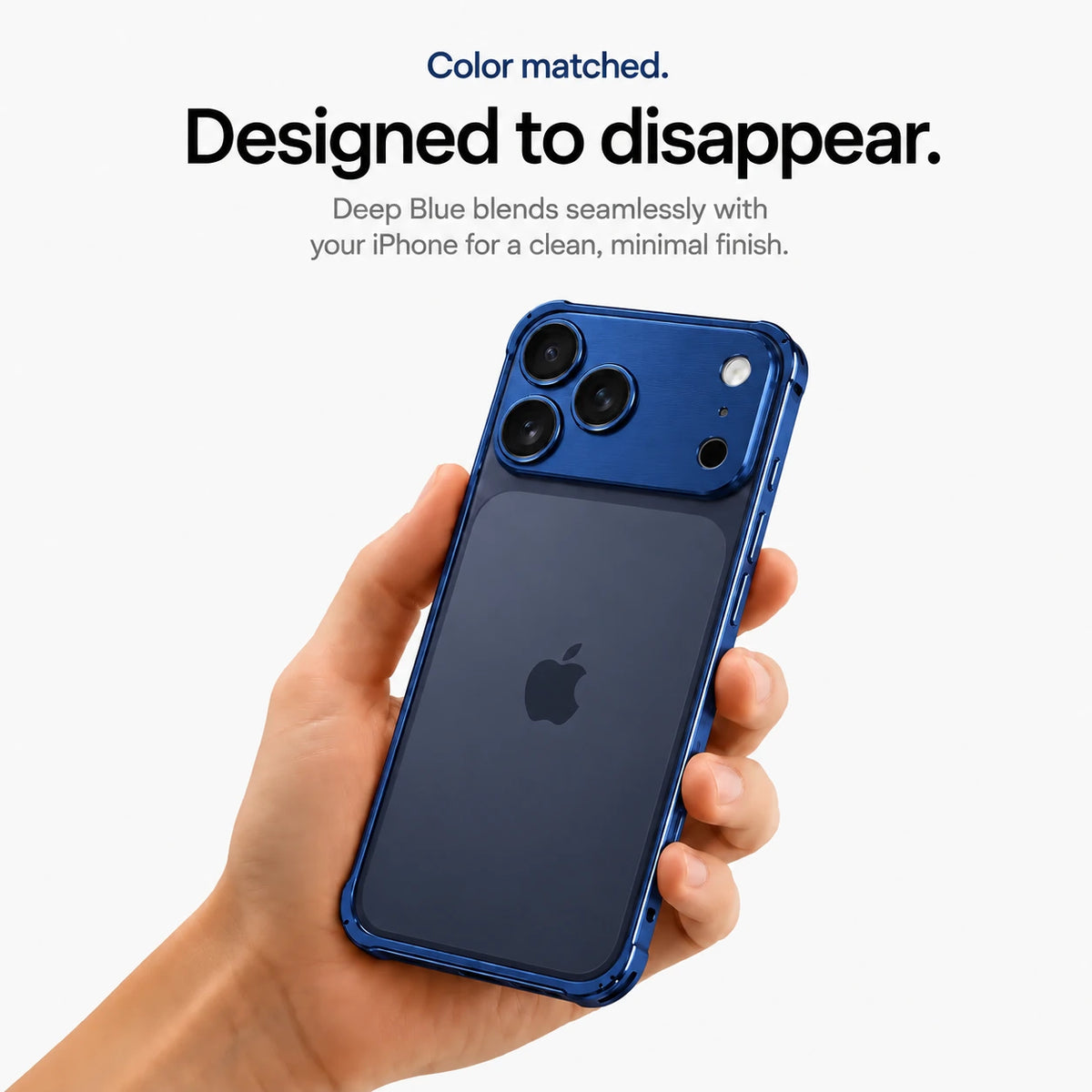 Deep blue aluminum frame phone case held in a hand showing its open back #color_Deep Blue