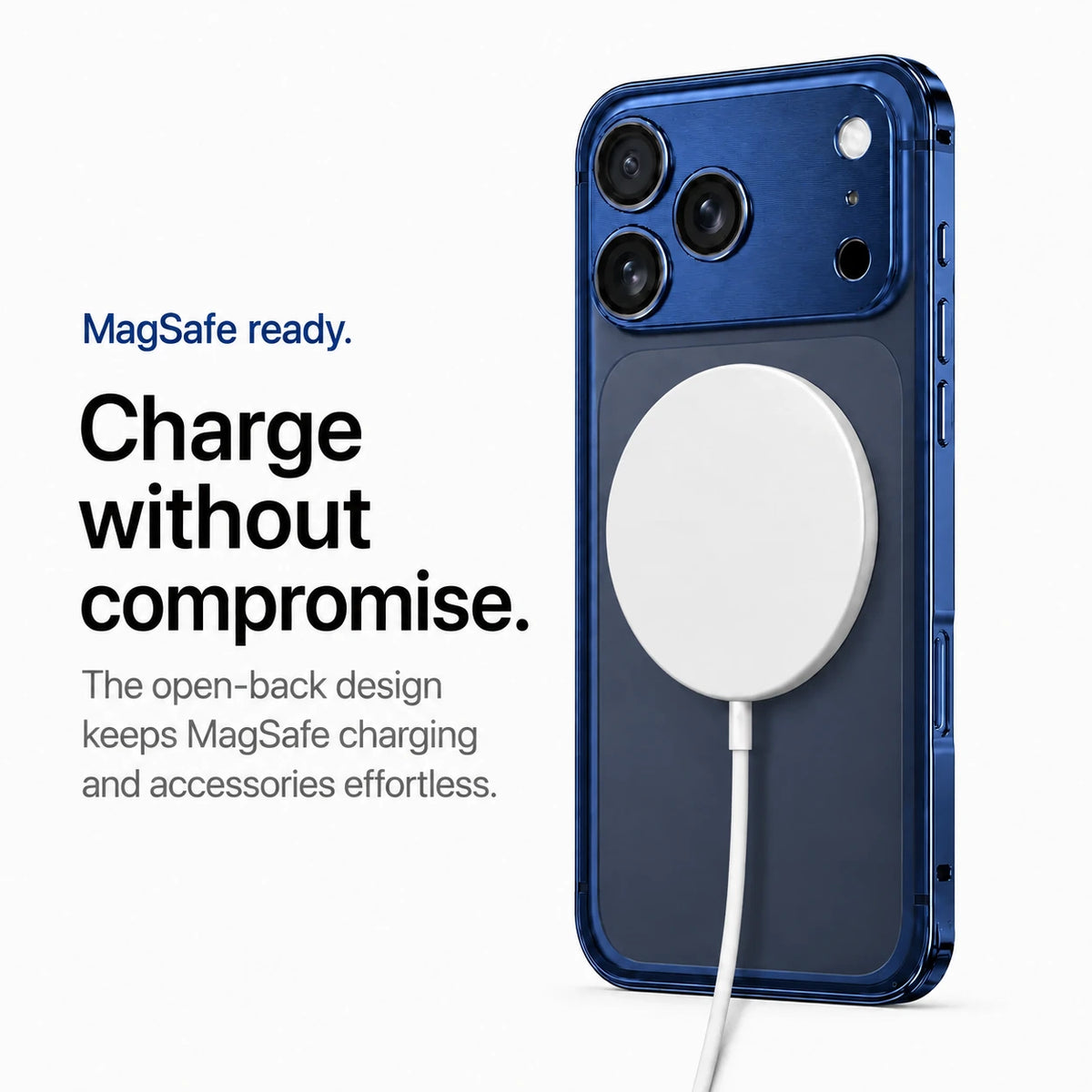 Deep blue aluminum frame phone case with a white wireless charging puck #color_Deep Blue