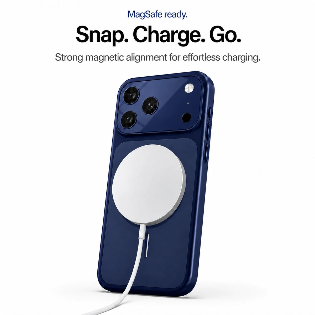 Deep blue magnetic phone case with an attached round wireless charger and white cable #color_Deep Blue