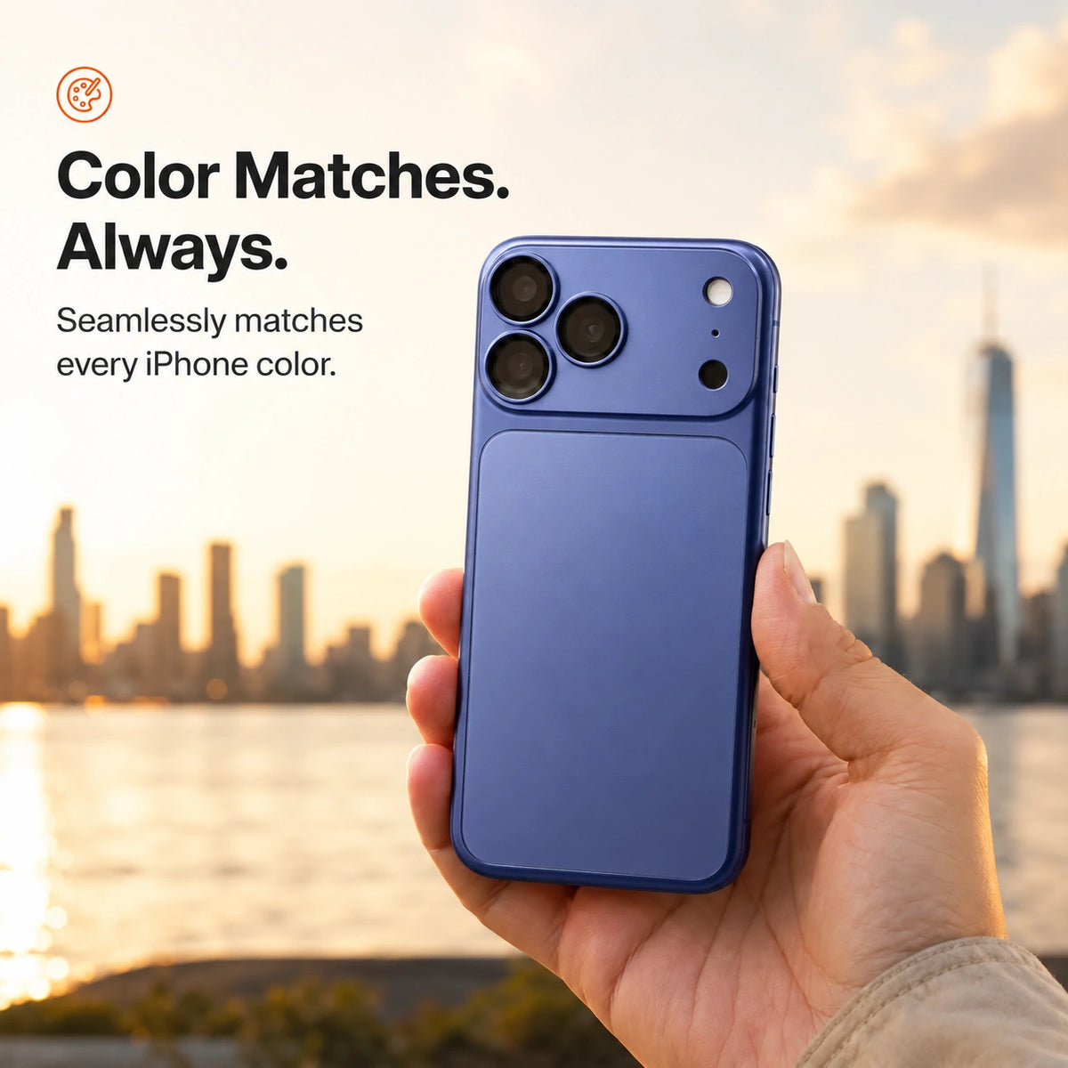Deep Blue magnetic protective phone backplate held against a city skyline #color_Deep Blue