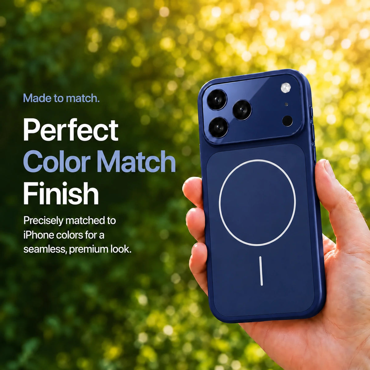 Deep blue matte magnetic phone case held outdoors against sunlit green foliage #color_Deep Blue