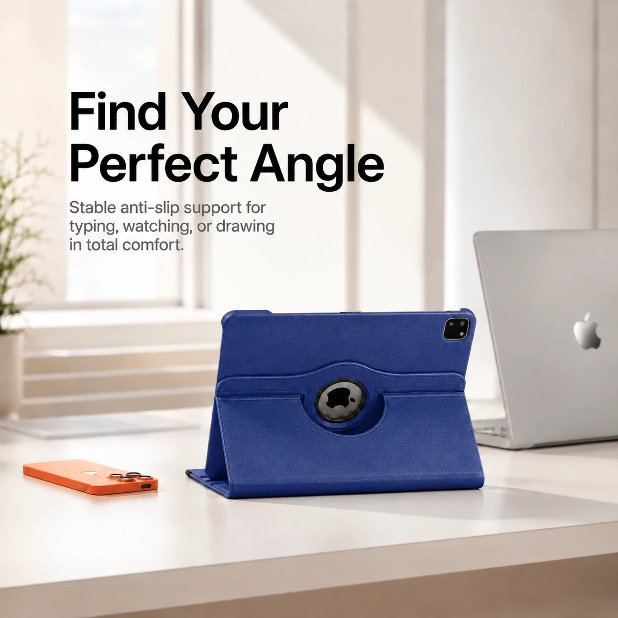 Deep Blue rotating tablet folio case supporting a tablet at an adjustable angle #color_Deep Blue