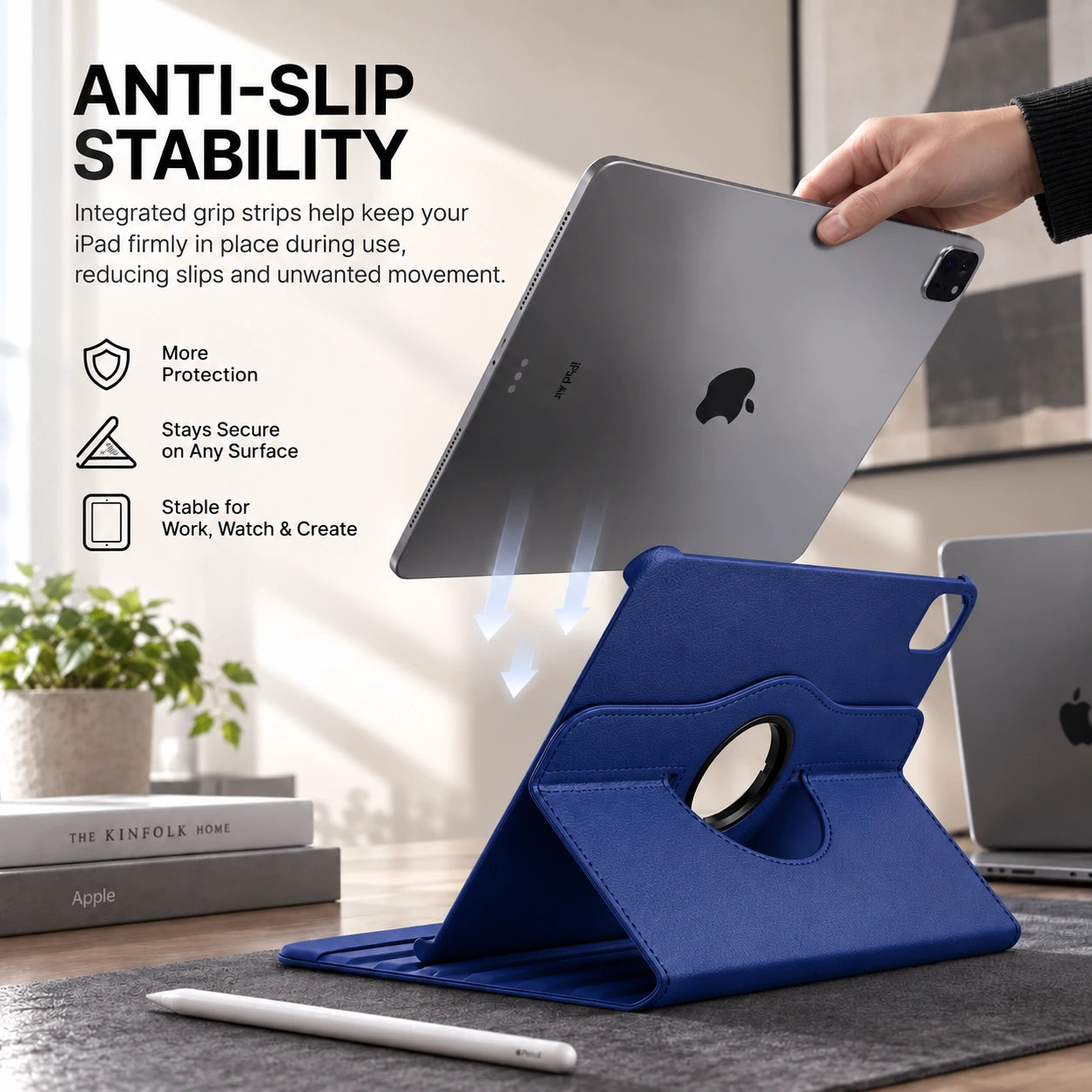 Deep Blue rotating tablet folio case with an anti slip tablet holder #color_Deep Blue