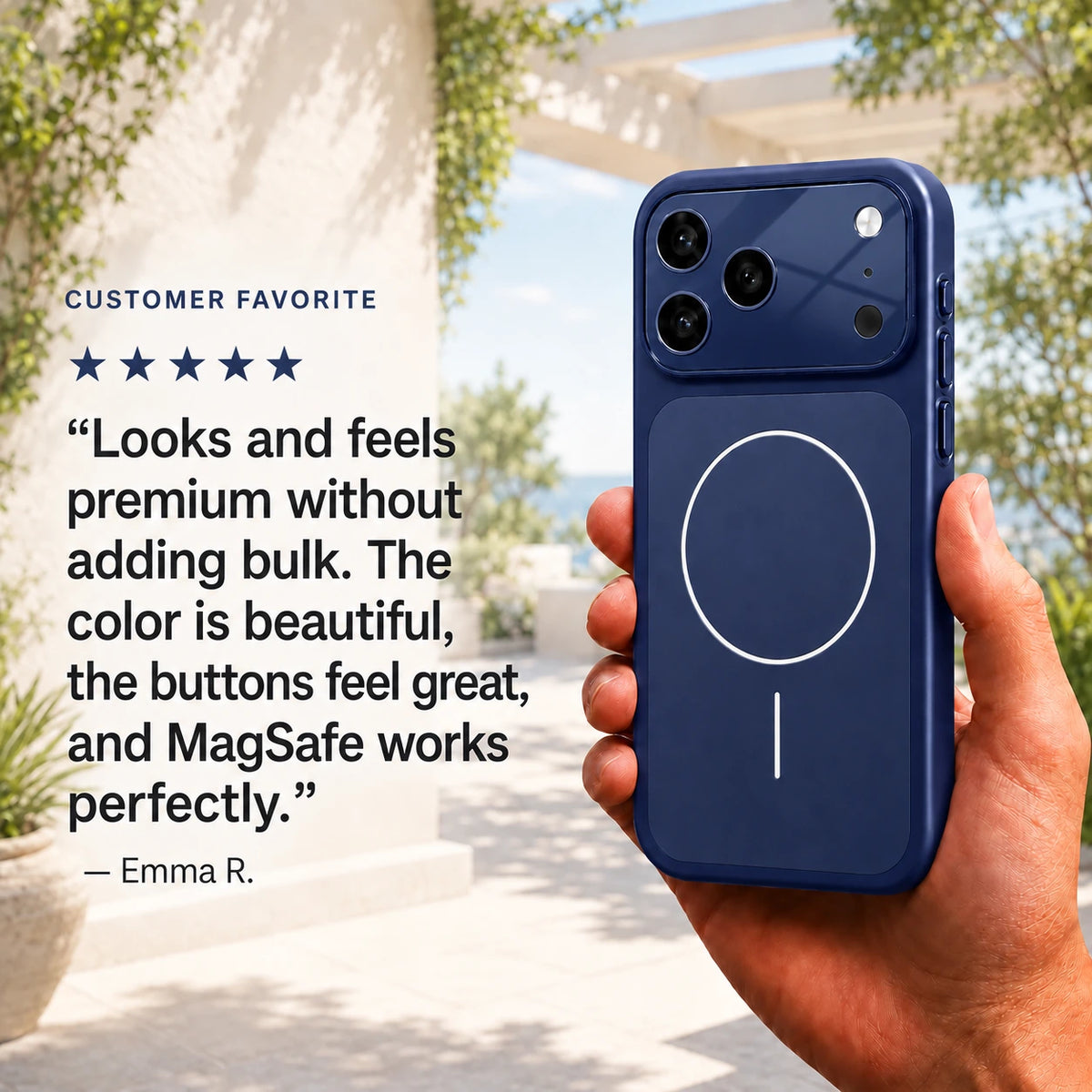 Deep blue slim protective phone case held on a sunny patio beside customer feedback #color_Deep Blue