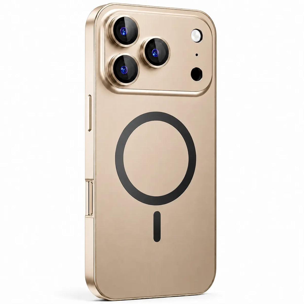 Desert gold metal magnetic phone case with a wide camera surround, shown from the rear on white #color_Desert Gold