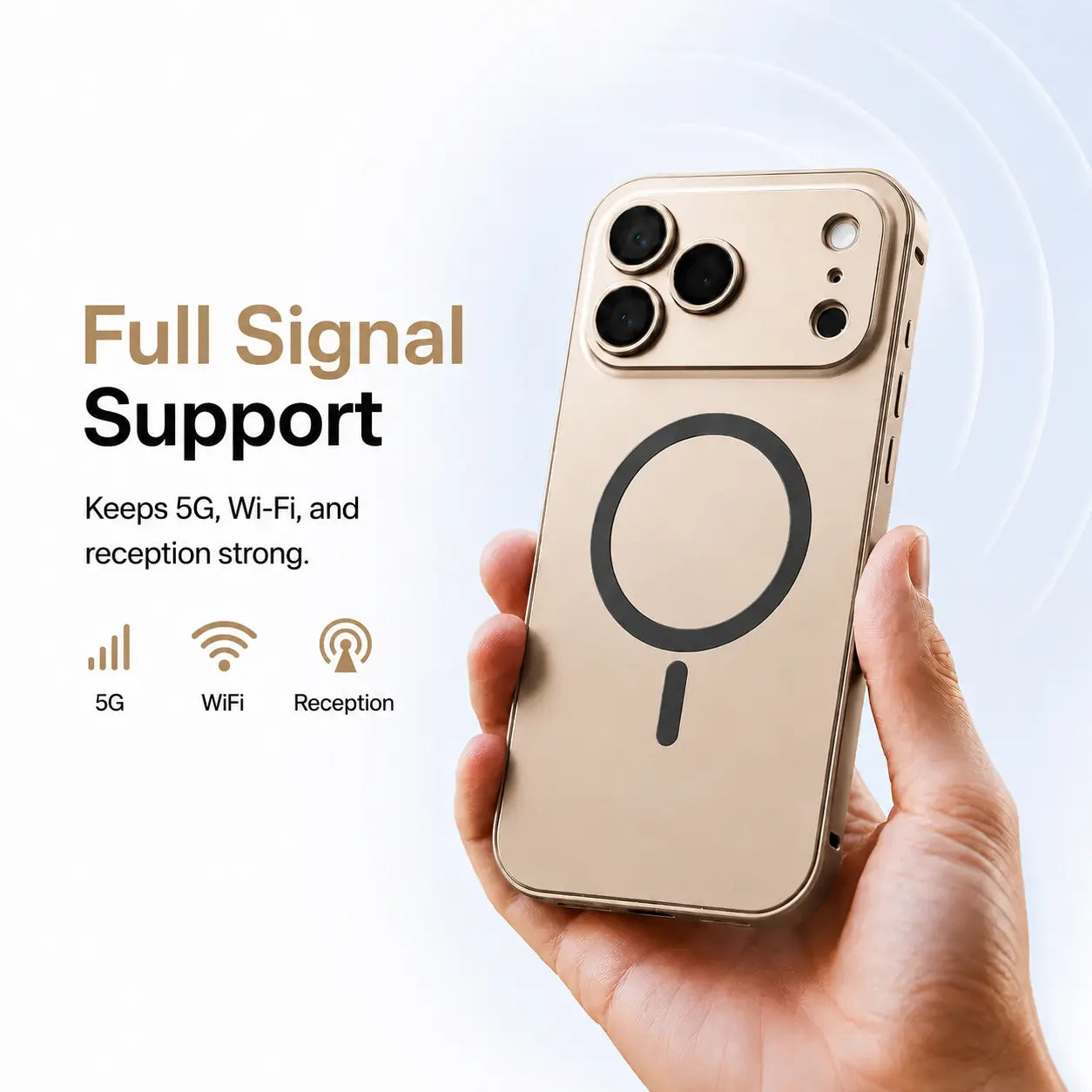 Desert gold metal magnetic phone case held upright with illustrated signal icons #color_Desert Gold