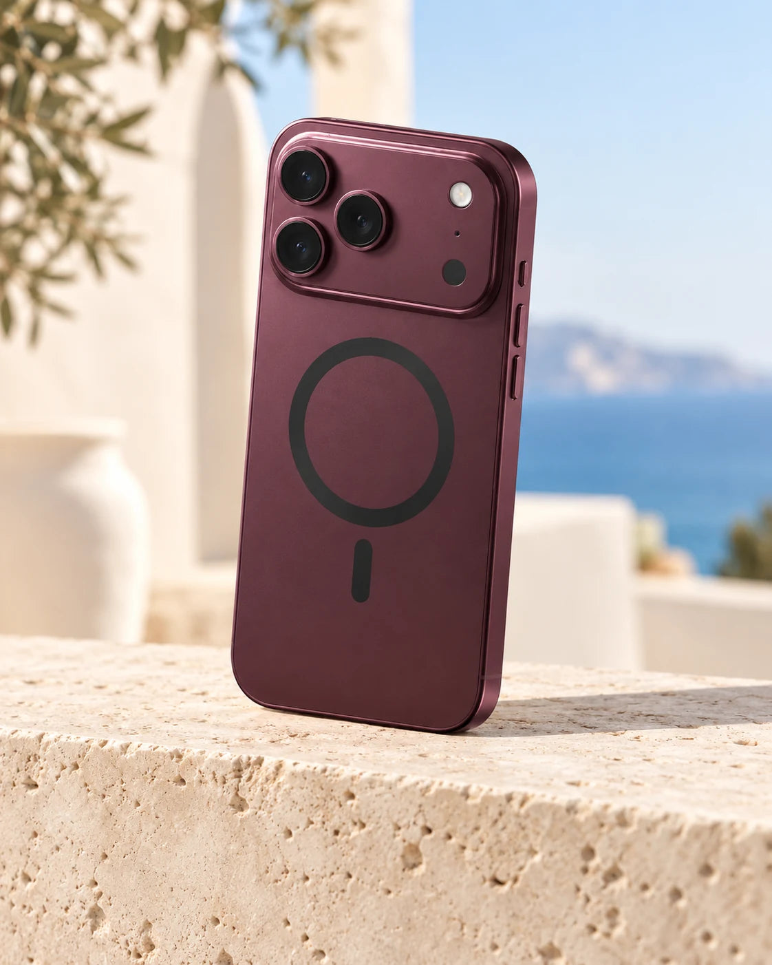Burgundy magnetic iPhone case on a pale travertine ledge by the sea.