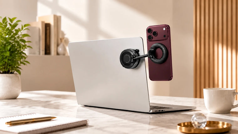 Burgundy iPhone attached to a laptop with a black magnetic phone mount.
