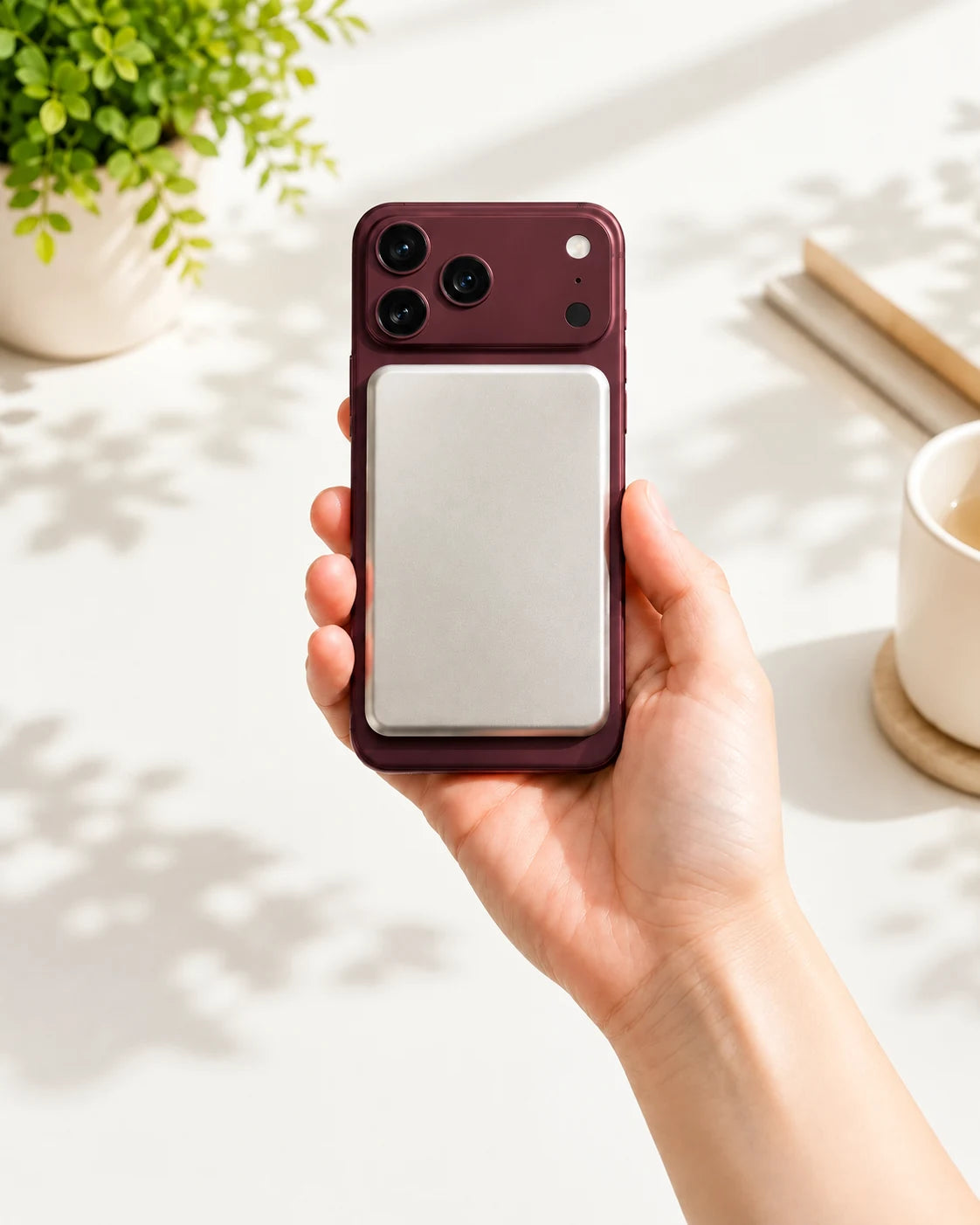 Silver magnetic power bank attached to a Burgundy iPhone in warm window light.