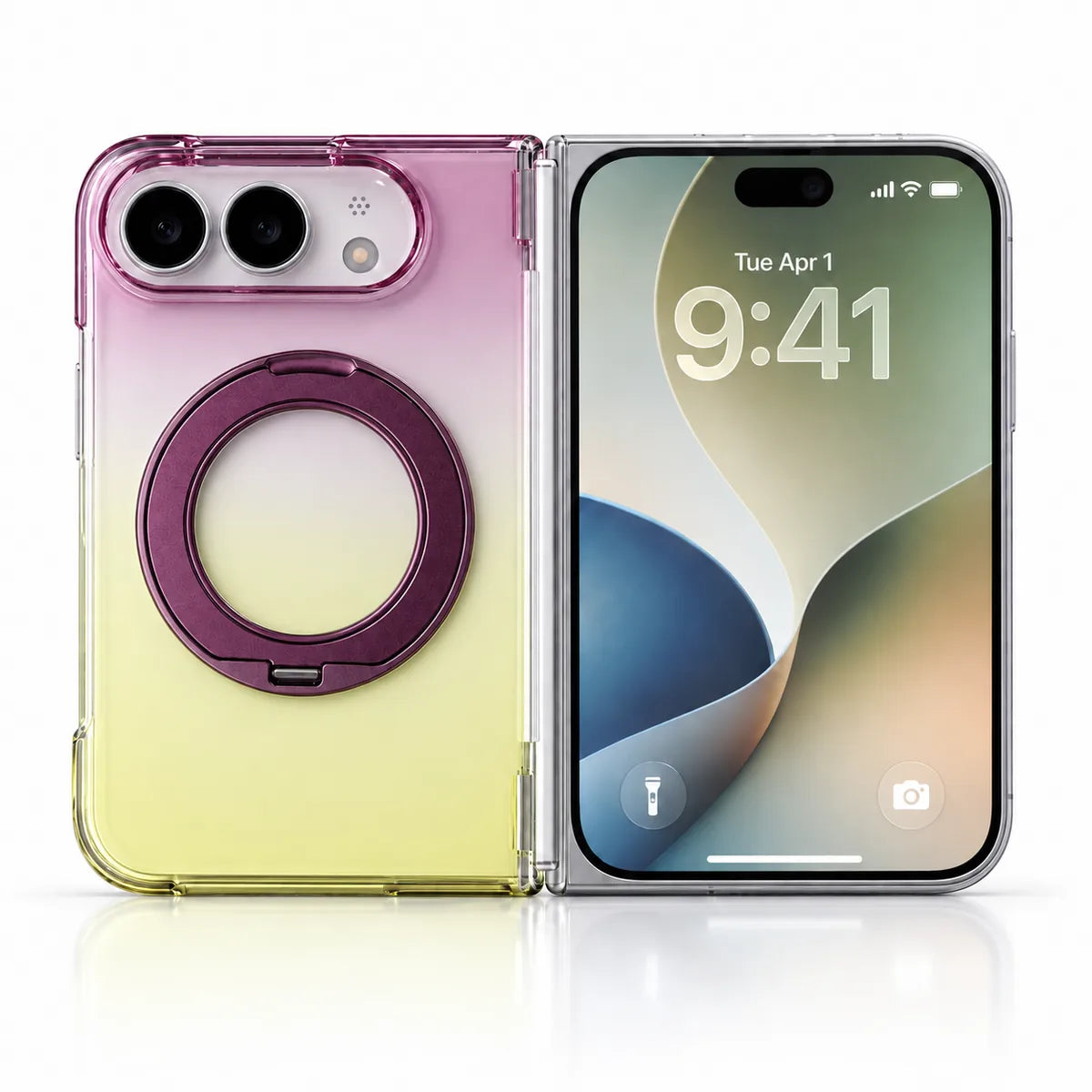 Purple and yellow gradient magnetic ring stand case on a silver folding phone, shown open with rear and outer display. #color_Orchid Glow