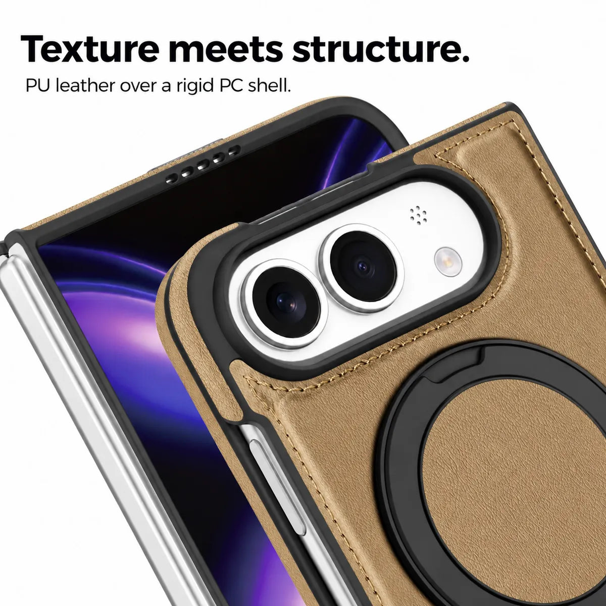 Close-up of the synthetic leather texture, stitching and raised camera surround. #color_Desert Gold