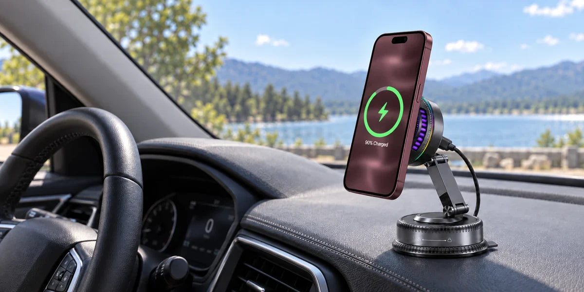 Side view of a cooling wireless charger aligned against the back of a silver phone.