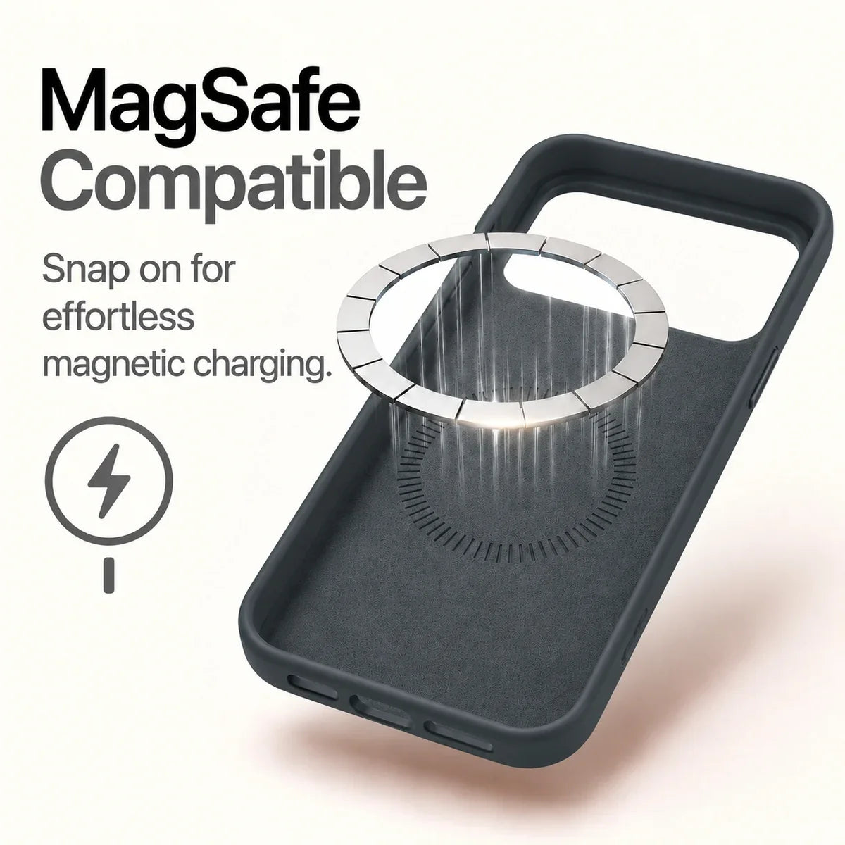 Graphite silicone phone case showing the soft interior and magnetic charging ring #color_Graphite