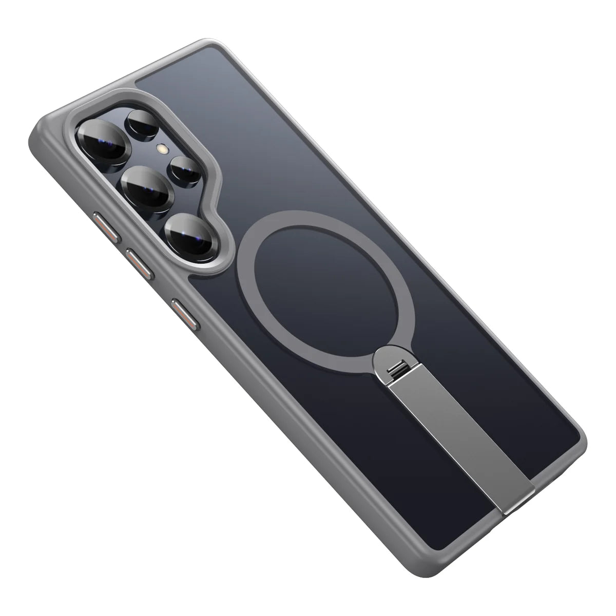 Gray phone case with a flat magnetic ring and a narrow folding support arm #color_Gray