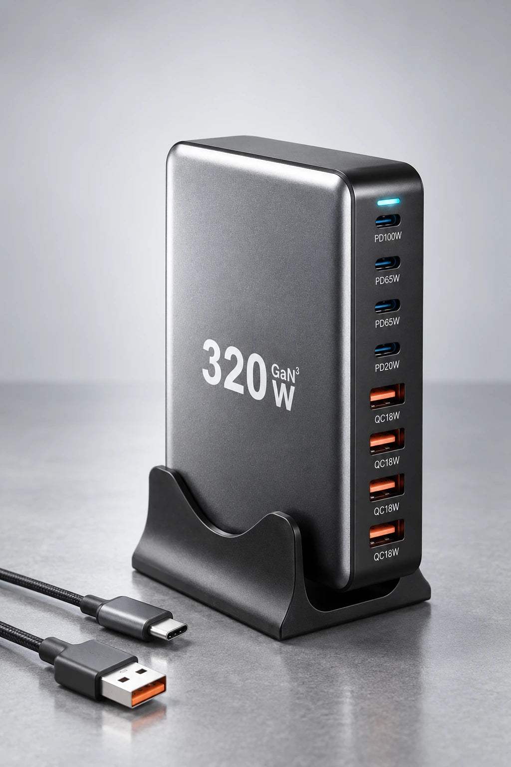 Gray charging hub showing four USB-C ports above four USB-A ports.