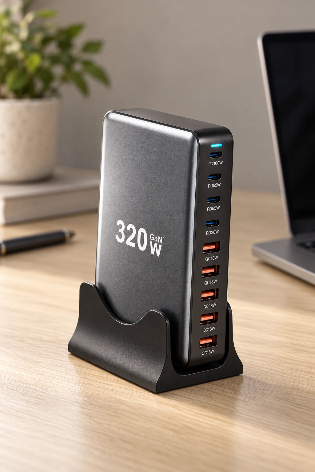 Gray charging hub resting upright in its black desktop cradle.