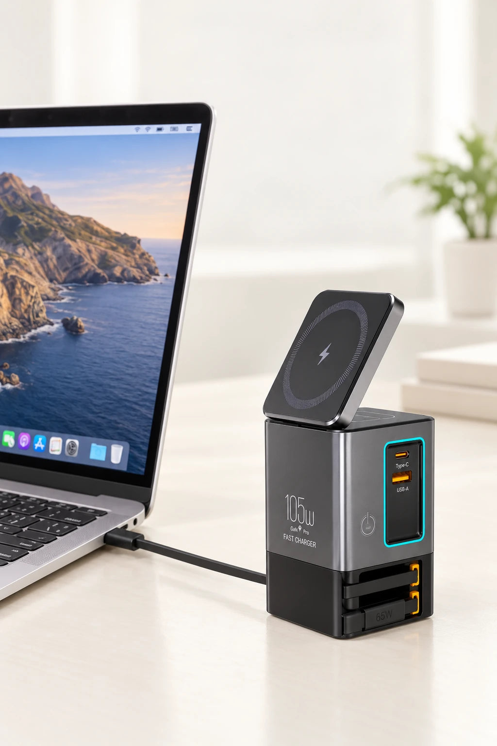 Flat USB-C cable from a gray charging tower connected to a laptop.