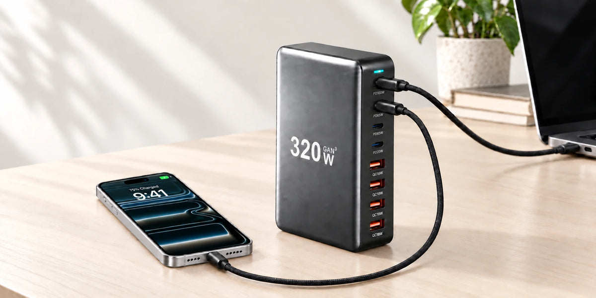 Eight-port gray charging hub beside a USB-C laptop and phone on a desk.