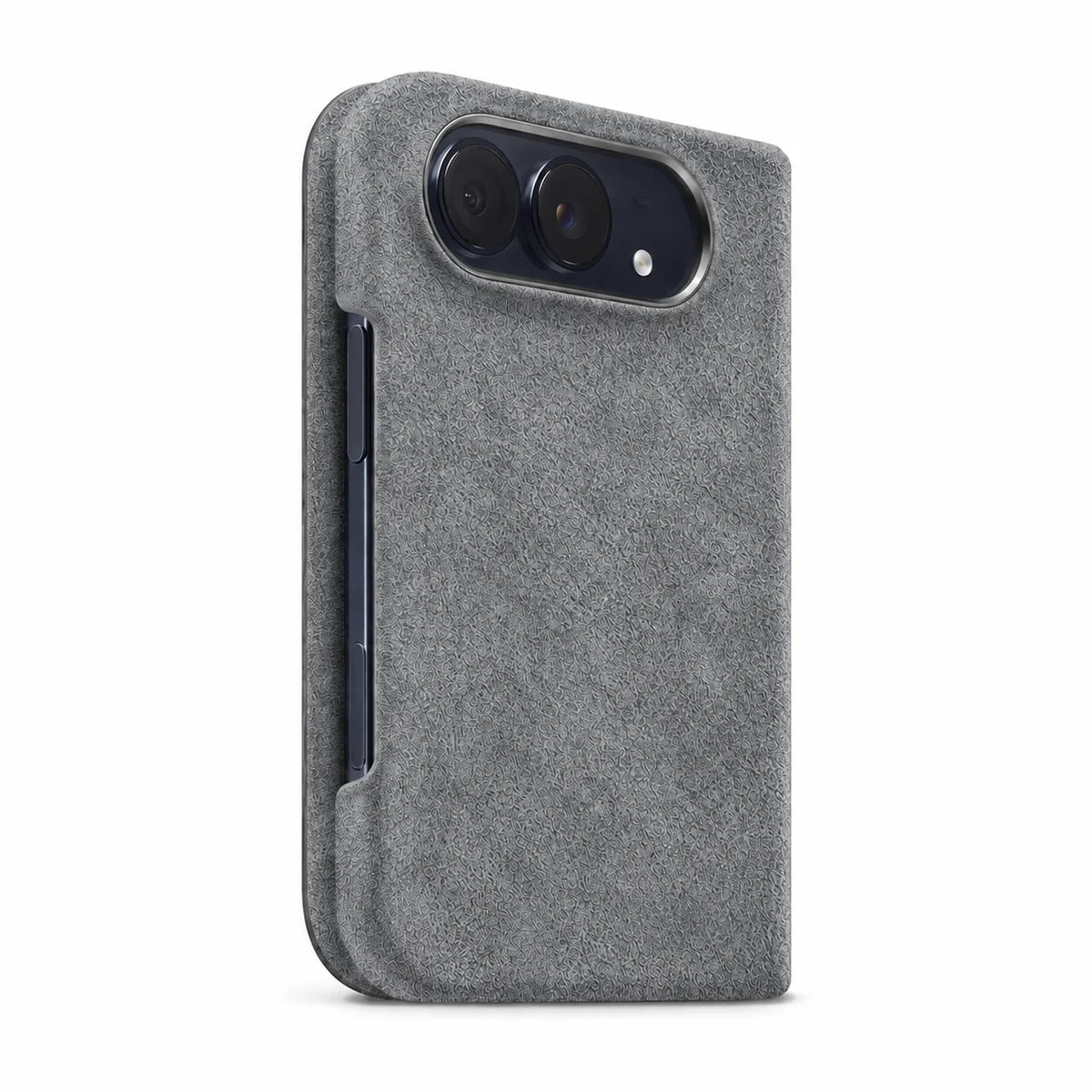 Mist Gray Alcantara folio case for iPhone Duo, angled rear view with a horizontal dual-camera opening #color_Mist Gray