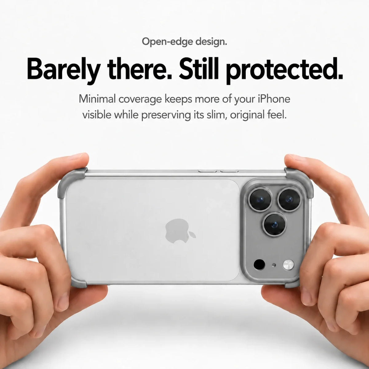 Gray open-back phone bumper held horizontally in two hands #color_Slate Gray
