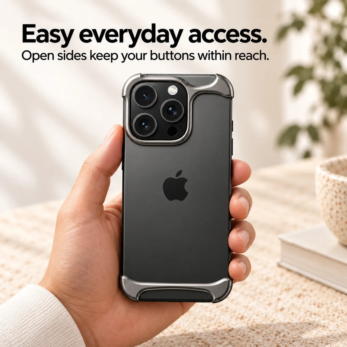 Gray two-piece metal phone bumper with open sides and accessible buttons #color_Gray