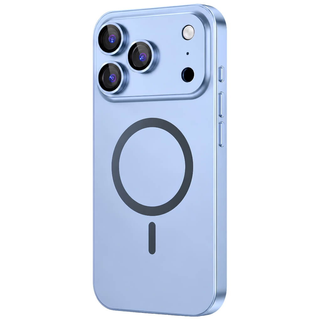 A light blue iphone 18 pro smartphone case shown from the back, featuring a large dark gray MagSafe ring and a vertical indicator mark, with camera cutouts visible at the top left. The case is photographed on a clean white background.
