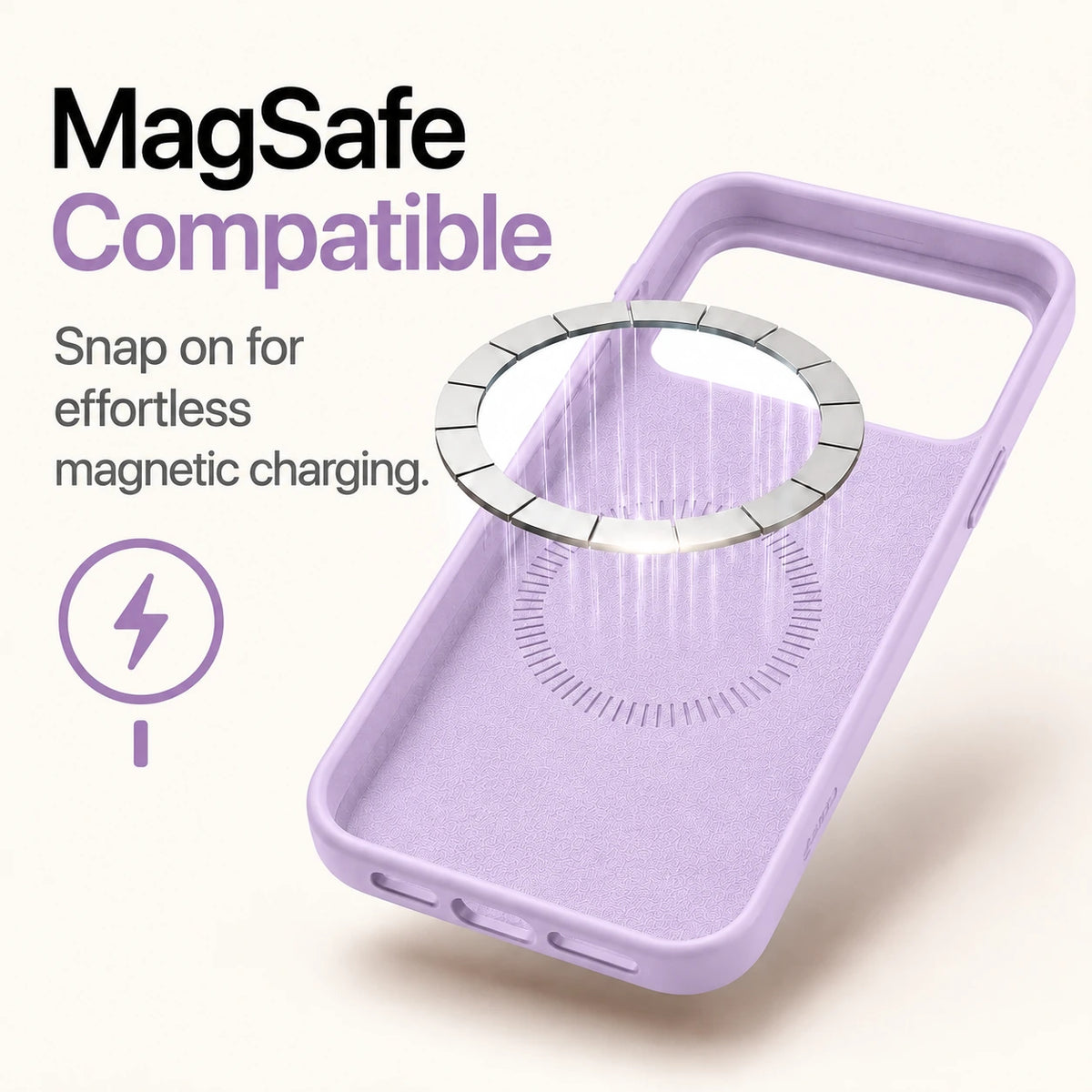 Lavender silicone phone case showing the soft interior and magnetic charging ring #color_Lavender