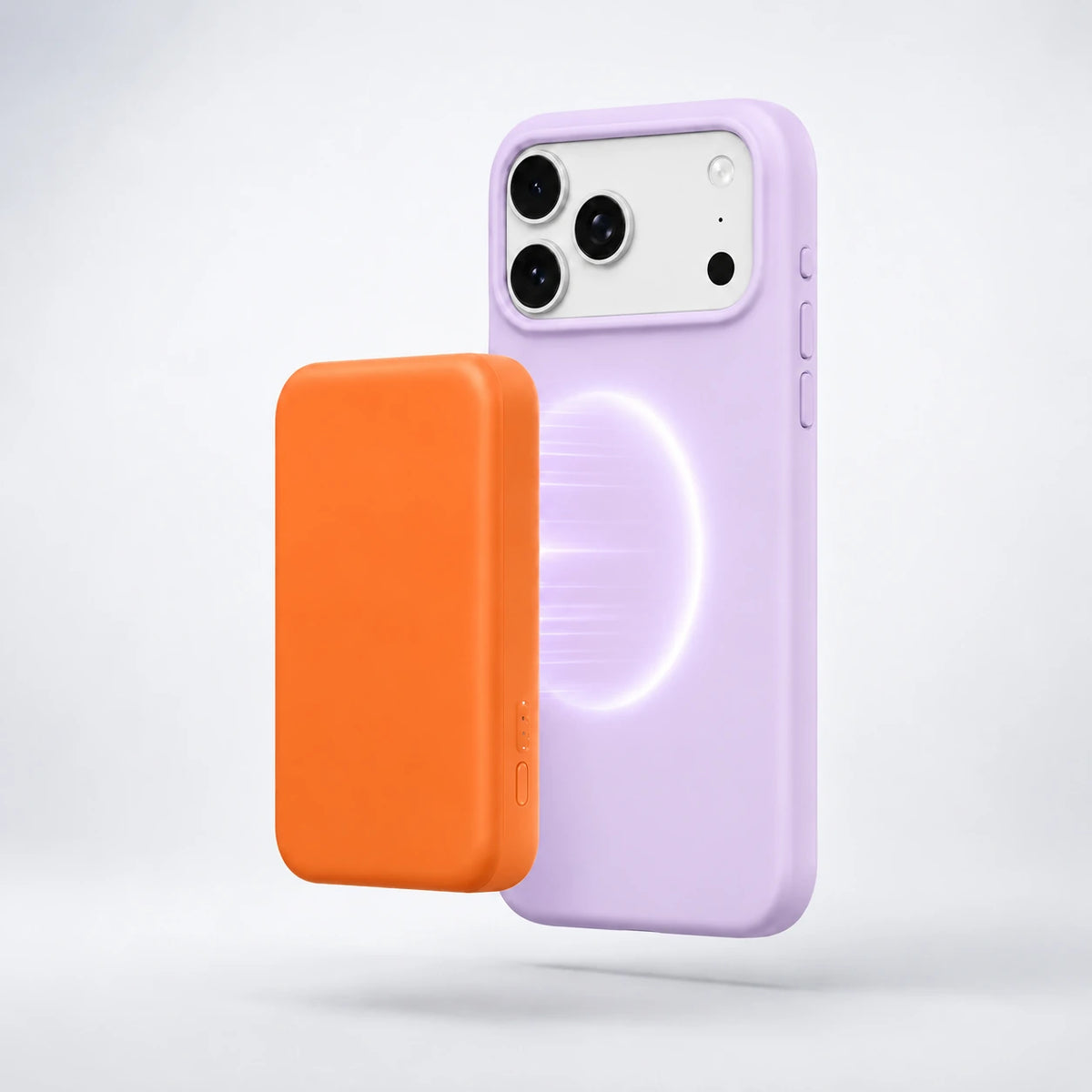 Lavender silicone phone case with an orange wireless battery pack #color_Lavender