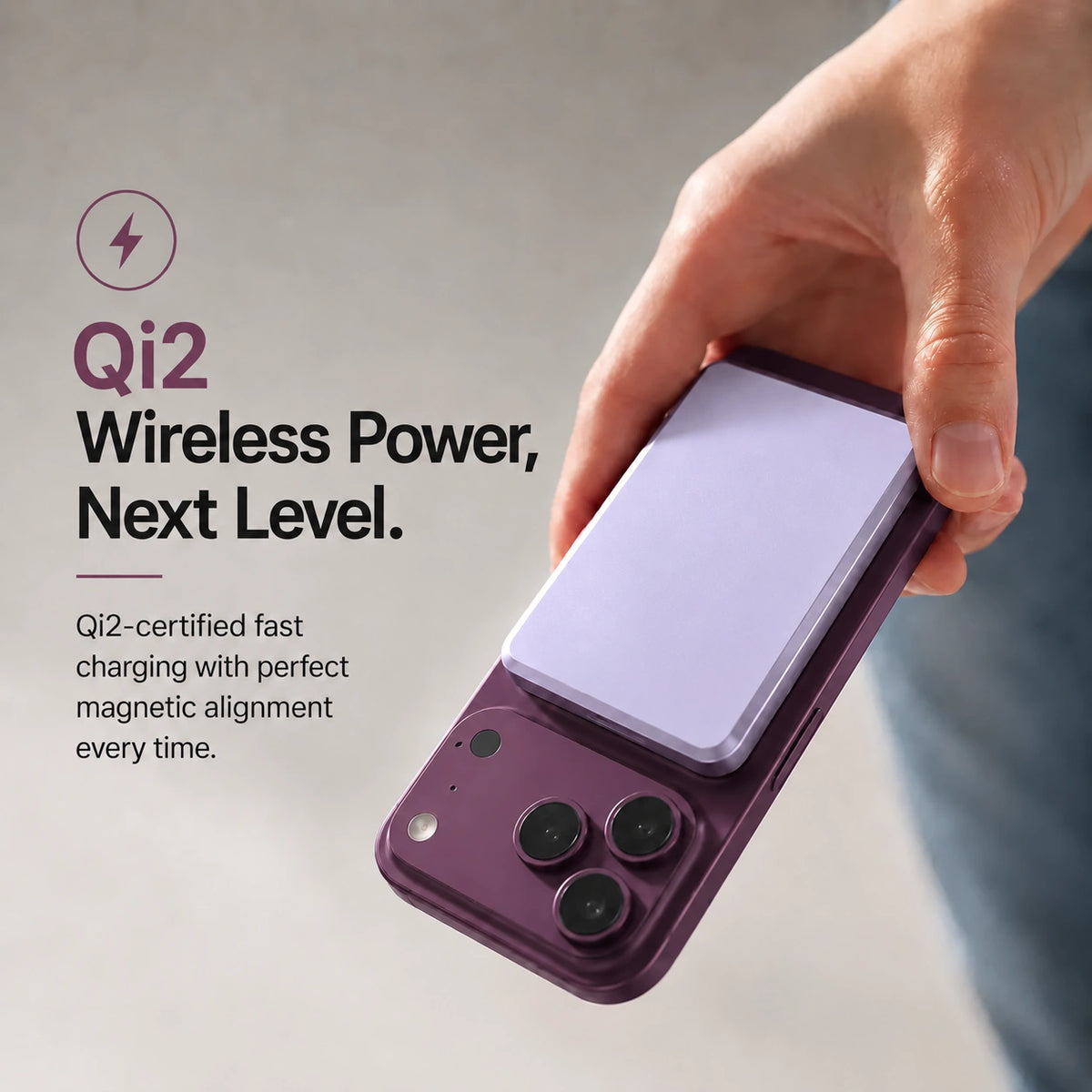 Lavender slim magnetic power bank attaching magnetically to a Burgundy phone. #color_Lavender