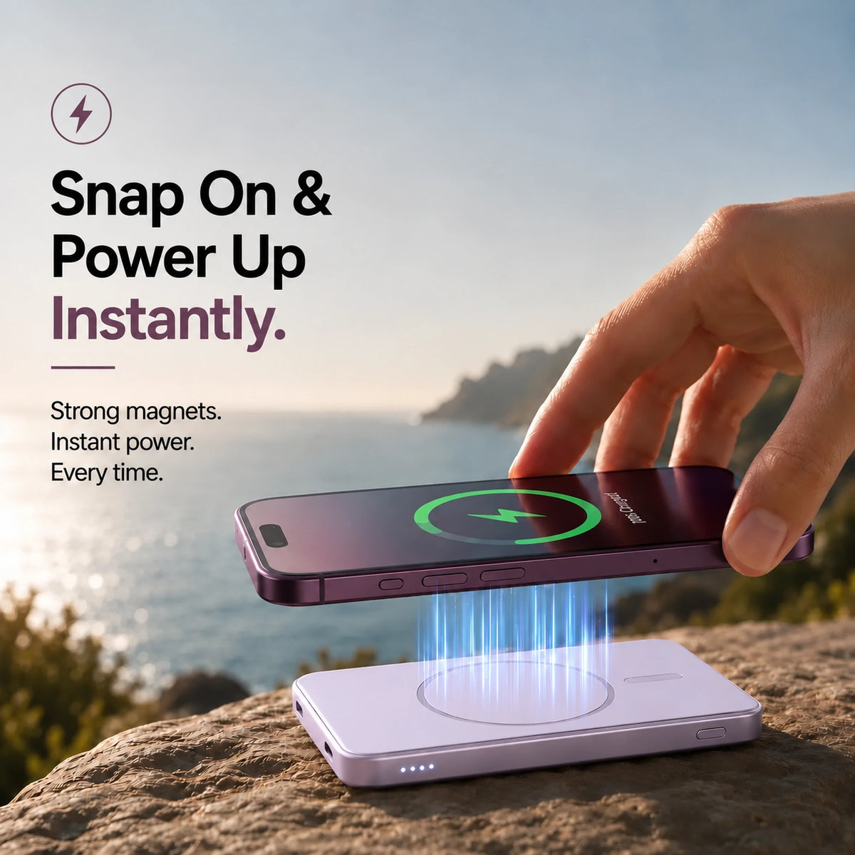 Lavender slim magnetic power bank with magnetic charging alignment. #color_Lavender