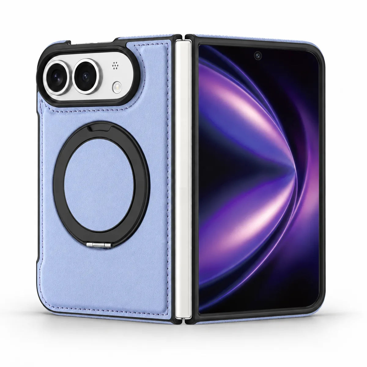 Glacier PU leather folding phone case shown open, with the camera back and folded ring stand on the left and the screen on the right. #color_Glacier